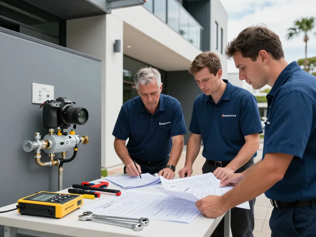 Backflow plumbing experts conducting inspections at a commercial site in Sydney.