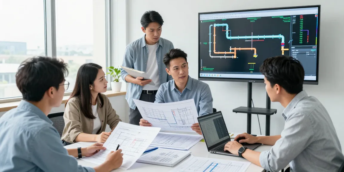 Piping Stress Analysis Canada team collaborating in modern engineering office with design plans.