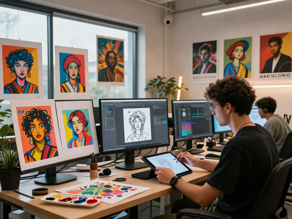 Artists using NSFW AI tools in a vibrant digital art studio, creating expressive content.