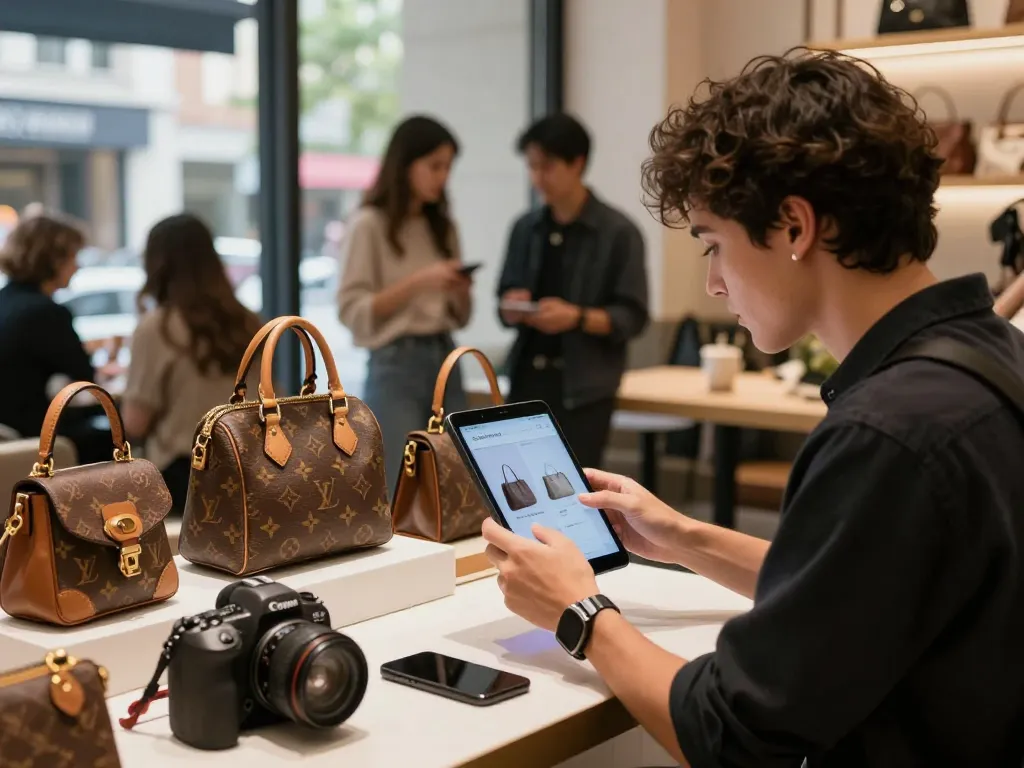 Engaging shopping experience at a 레플리카 쇼핑몰, showcasing luxury replica handbags in a modern urban café.