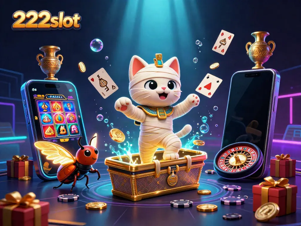 Permainan 222slot menghibur dengan mumi kucing dan scarab di kasino piramida.