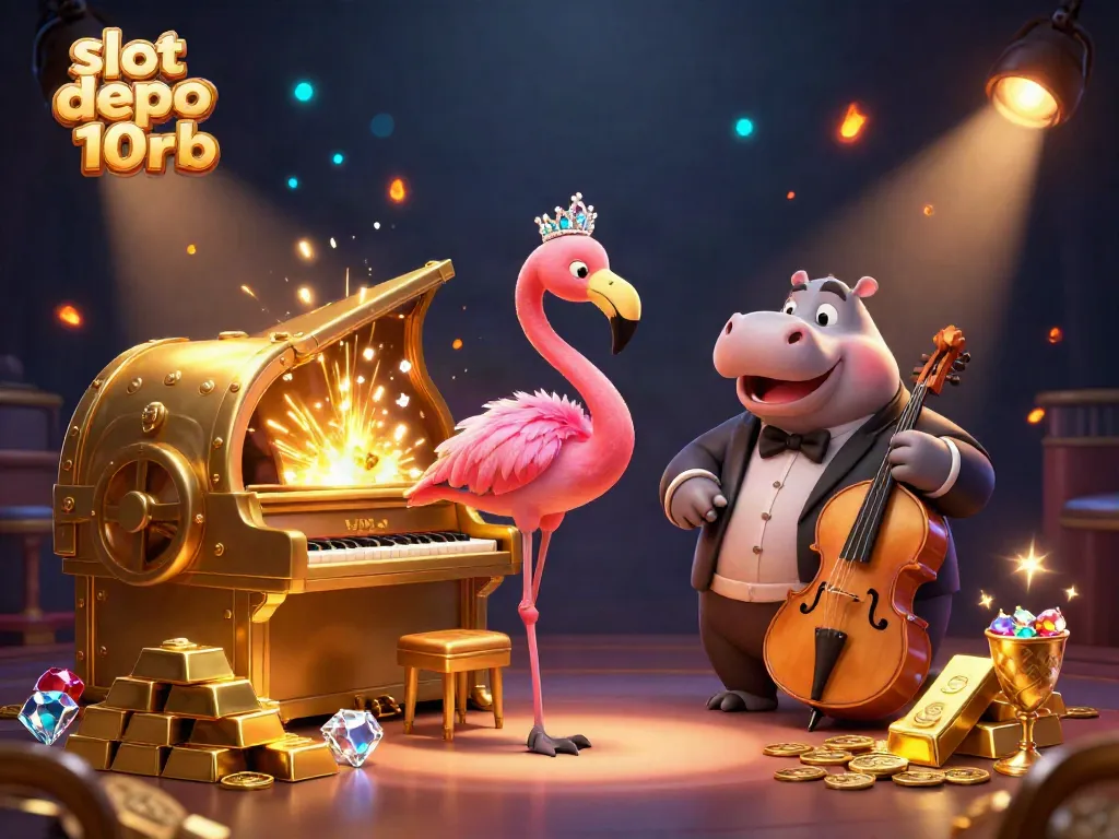 Experience thrilling wins with slot depo 10rb in a vibrant casino scene featuring lively characters and sparkling treasures.