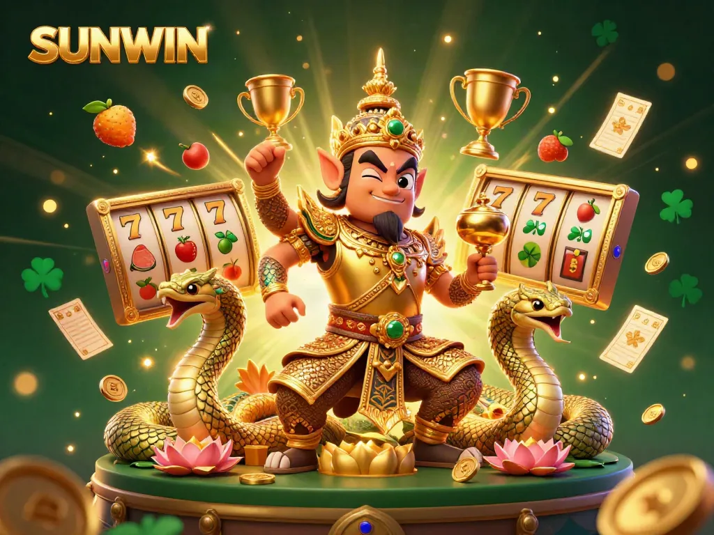SUNWIN's vibrant 3D scene showcasing a golden-armored guardian and Naga companions amidst jackpot slots, trophies, and sparkling gold coins.