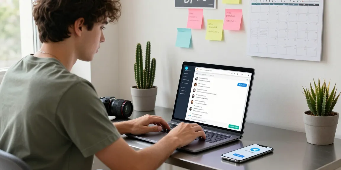 Explore Telegram Download in a modern workspace with smartphone and laptop illustrating digital communication.