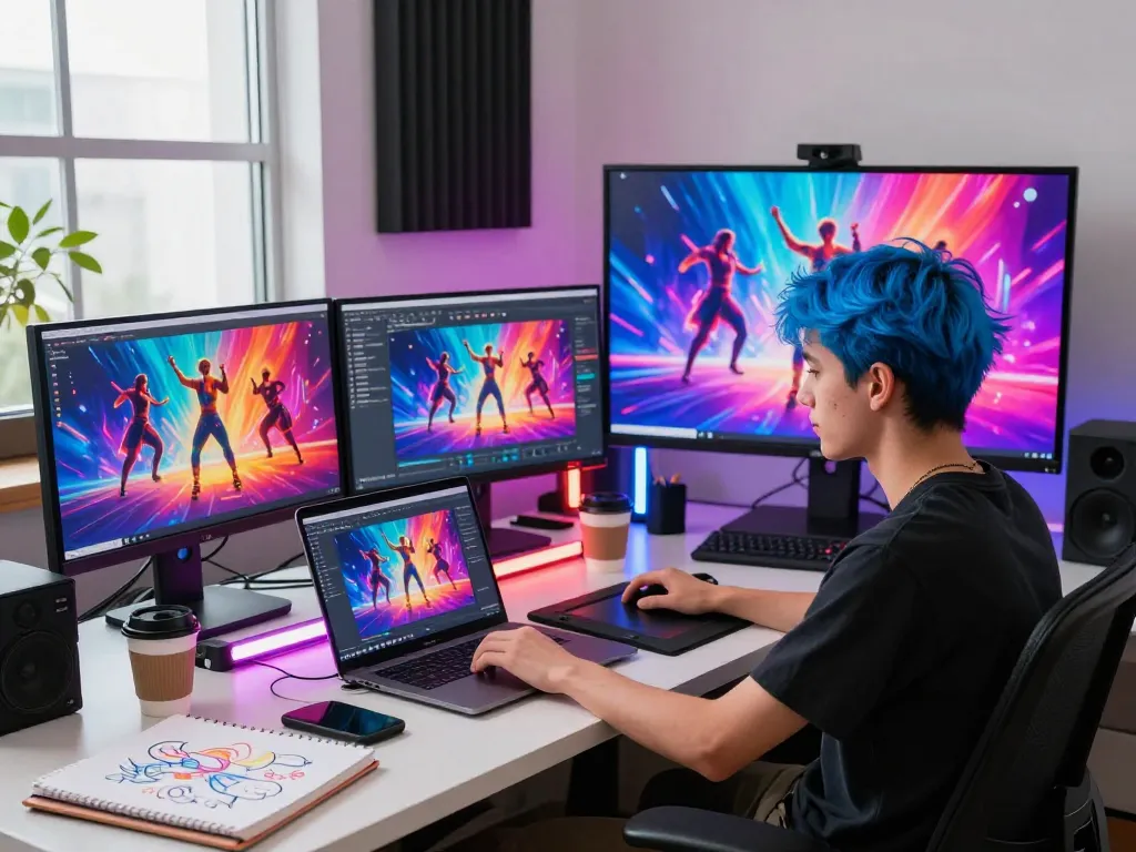 Creator generating dance AI videos in a vibrant digital studio
