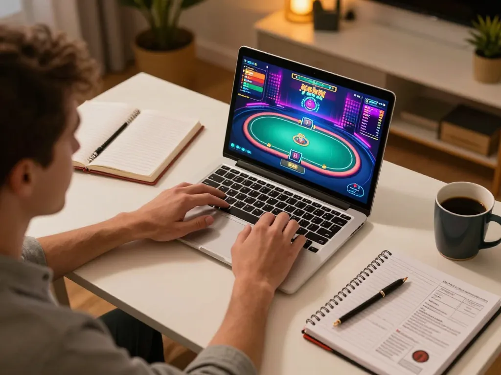 Experience thrilling poker action with xx88 on a laptop in a cozy home setting.