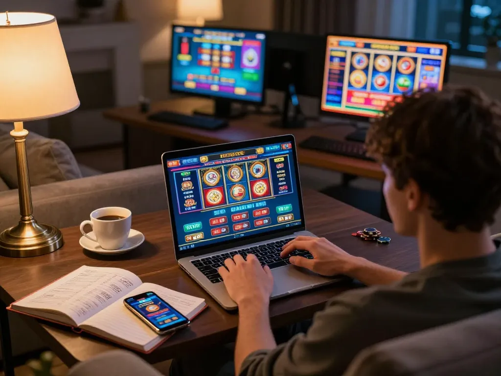 Player enjoying online casino games on their laptop, showcasing F168 gaming interface and strategic notes