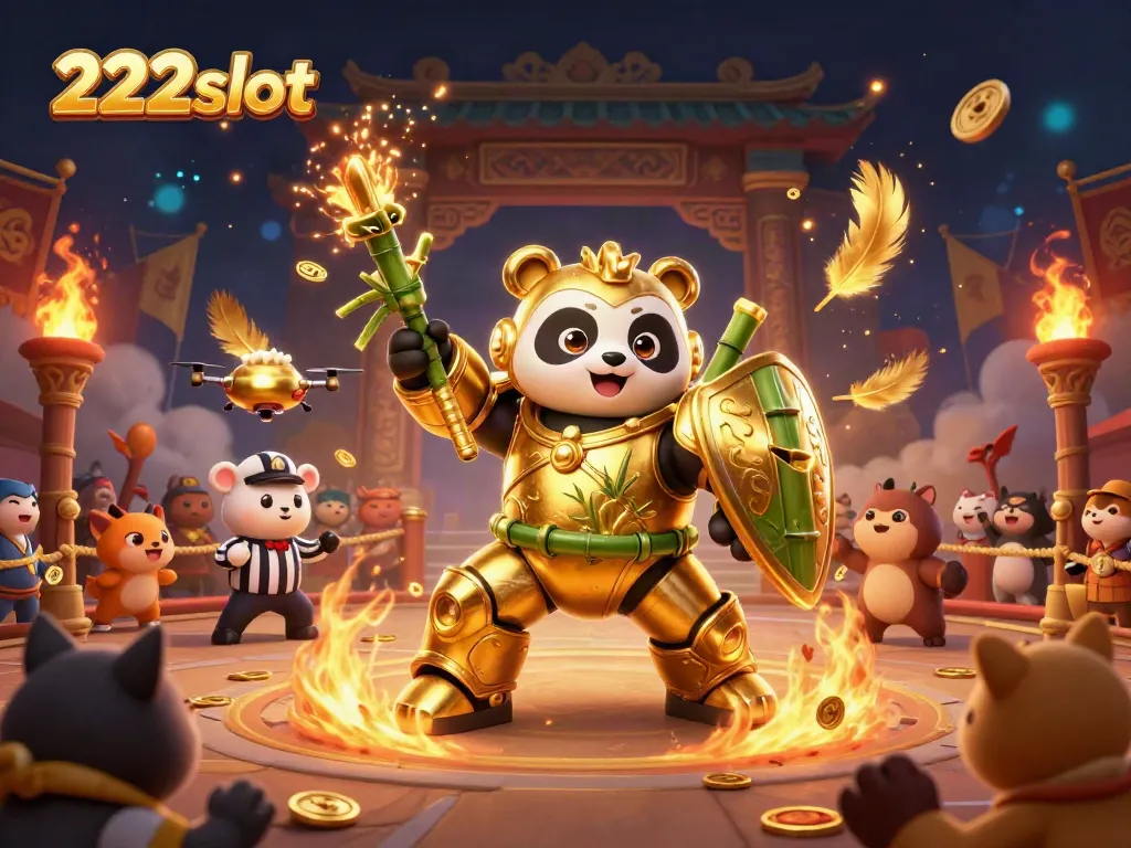 Permainan slot menarik di 222slot dengan karakter robot panda dan suasana meriah yang penuh koin emas.