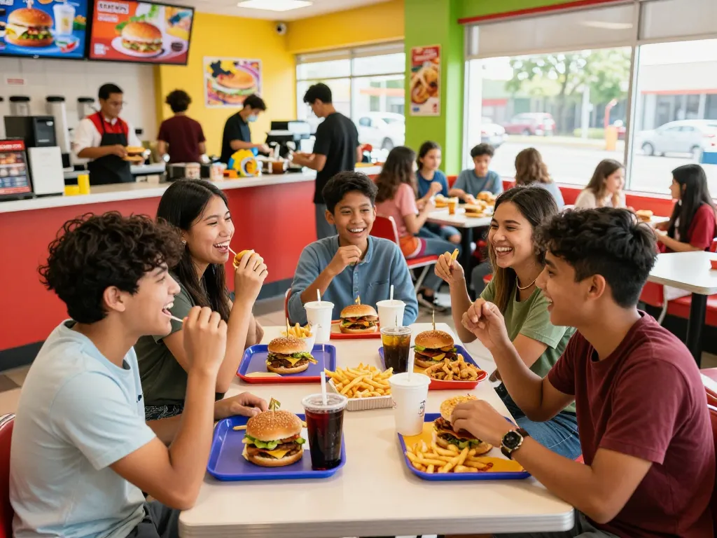 Friends enjoying fast food menu favorites in a lively restaurant atmosphere