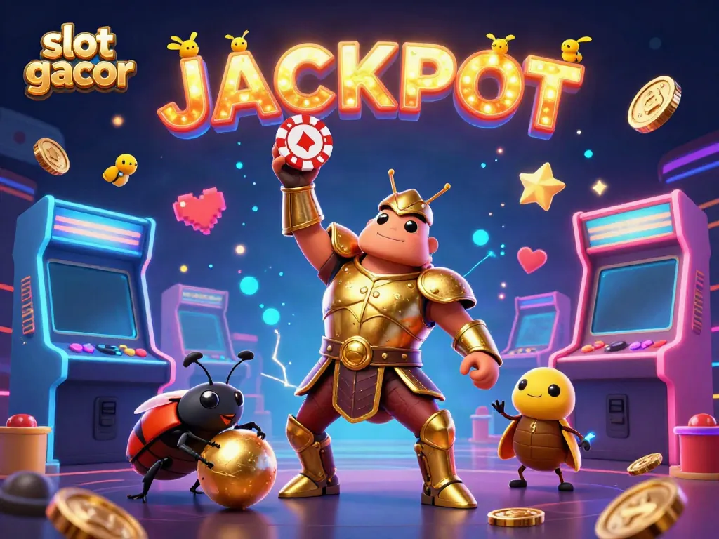 Engage with slot gacor in a vibrant casino scene featuring a victorious beetle champion and dazzling game elements.