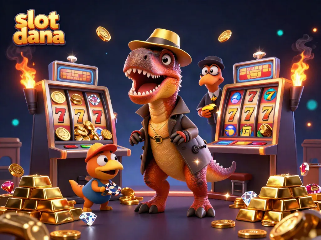 Ilustrasi 3D slot dana dengan velociraptor di mesin slot dan emas menumpuk, menunjukkan momen menggembirakan.