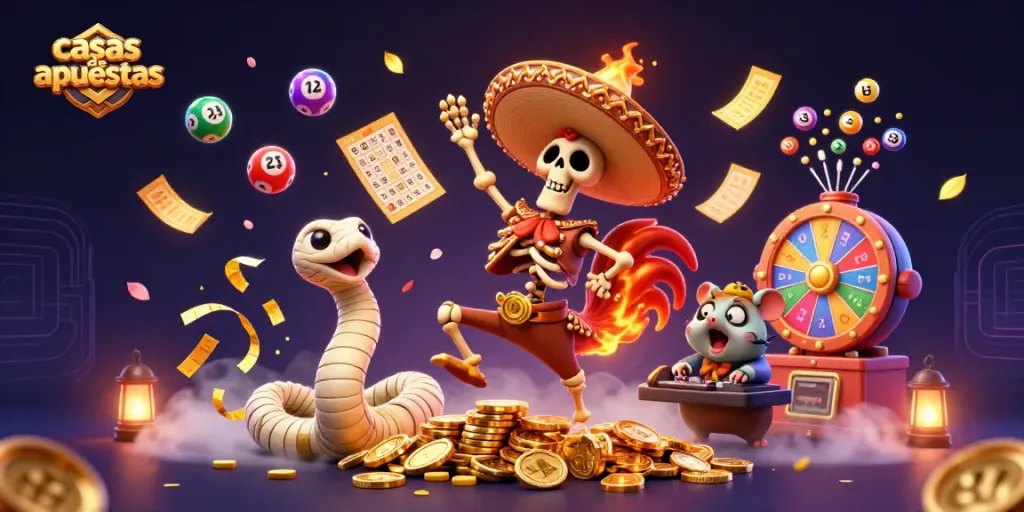 Casas de apuestas animadas con un mariachi, una serpiente y un hámster, creando un ambiente vibrante de juego.