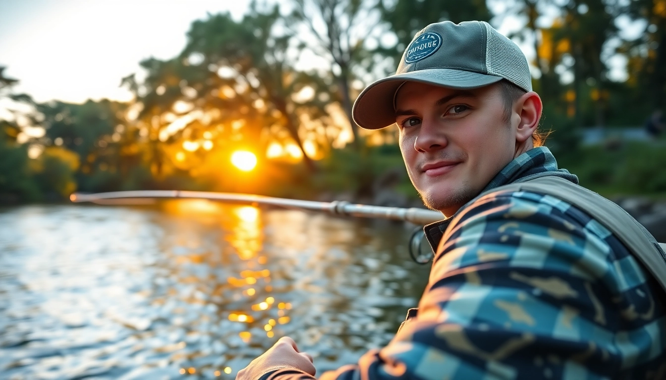 Engaged angler practicing fly fishing for beginners on a tranquil river at sunset.