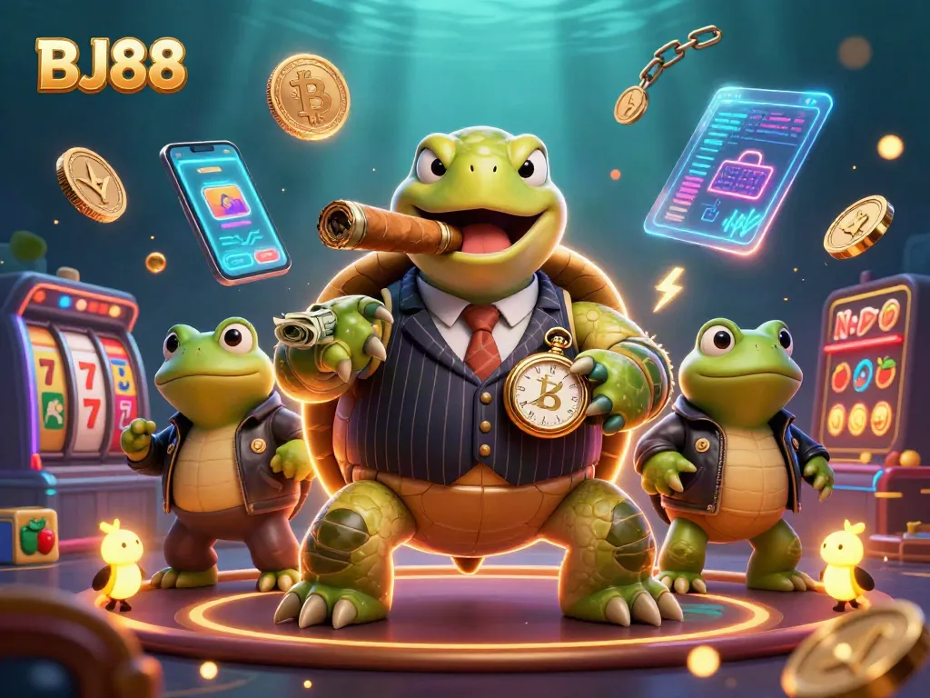 Engage with BJ88 while enjoying a vibrant casino scene featuring a snapping turtle and bullfrog enforcers.