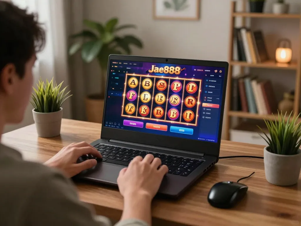 Player enjoying online slots on jae888 in a cozy home environment, emphasizing responsible gaming.