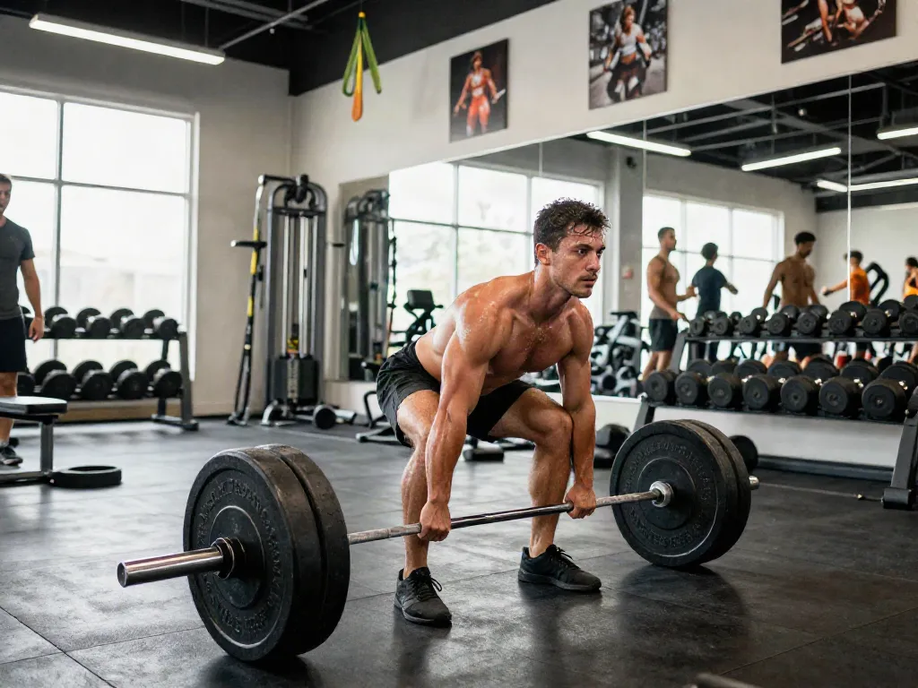 Muscular man performing deadlifts in a modern gym, highlighting the intensity of 'comprare steroidi muscoli in italia' in fitness.