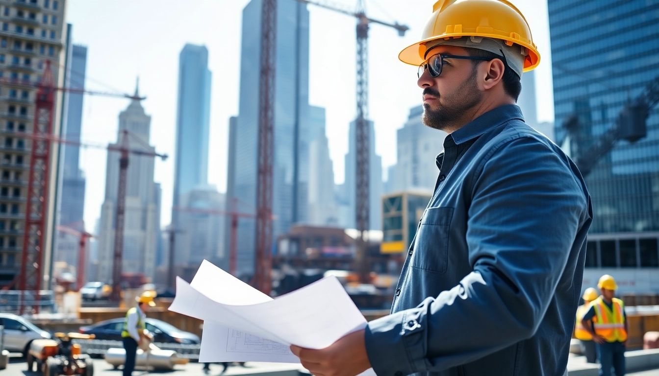 New York City Construction Manager leading a team on an urban construction site.