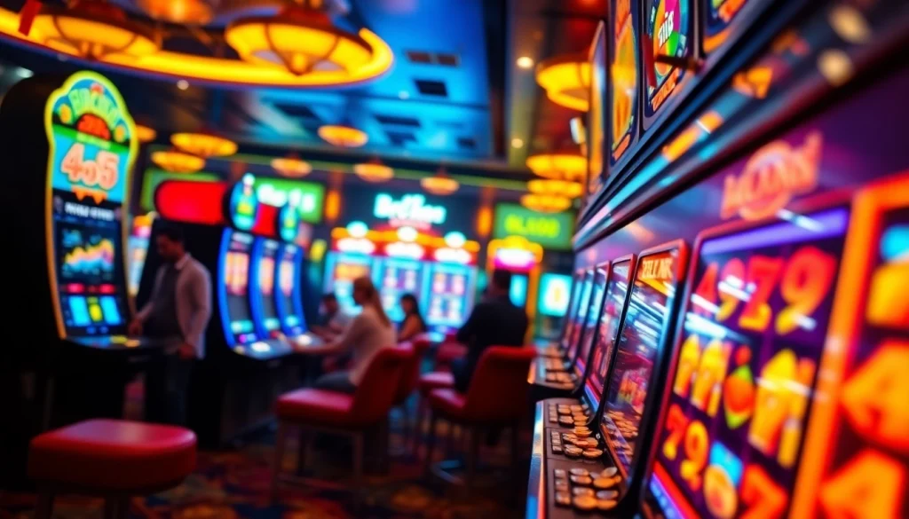 Menggambarkan permainan mesin bro138 slot dengan grafis berwarna-warni dan suasana yang meriah.