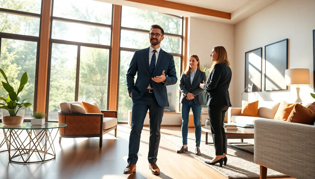 Real Estate agent showcasing a luxury home interior to prospective buyers with natural lighting.