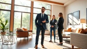 Real Estate agent showcasing a luxury home interior to prospective buyers with natural lighting.