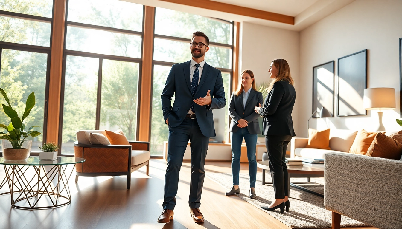 Real Estate agent showcasing a luxury home interior to prospective buyers with natural lighting.