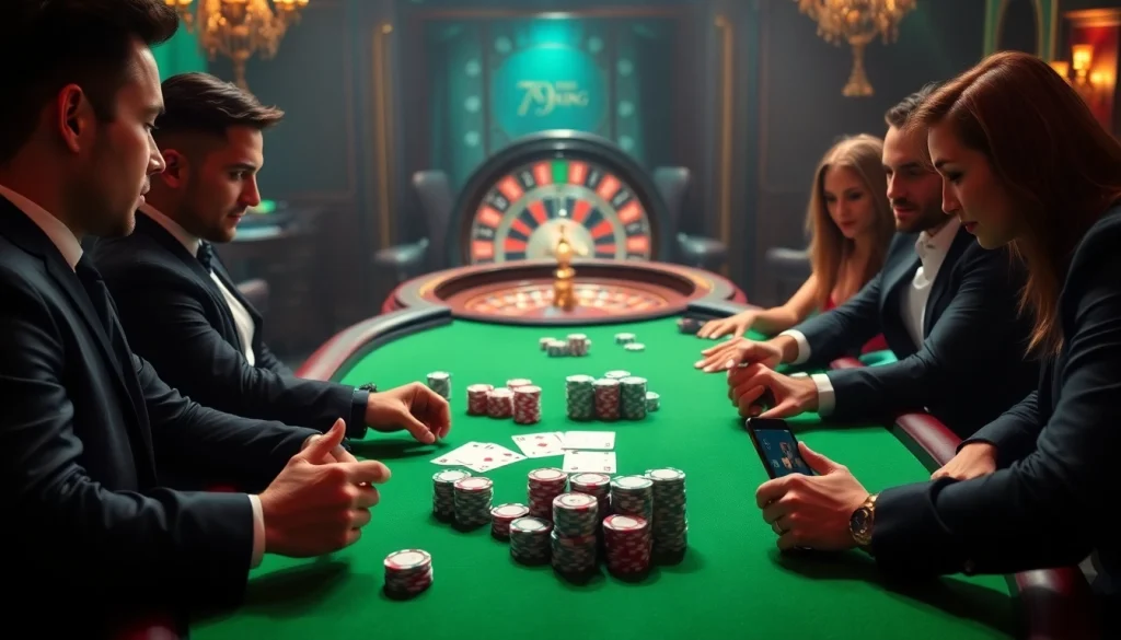 The engaging atmosphere of the 79king app with players enjoying a poker game surrounded by colorful chips and cards.