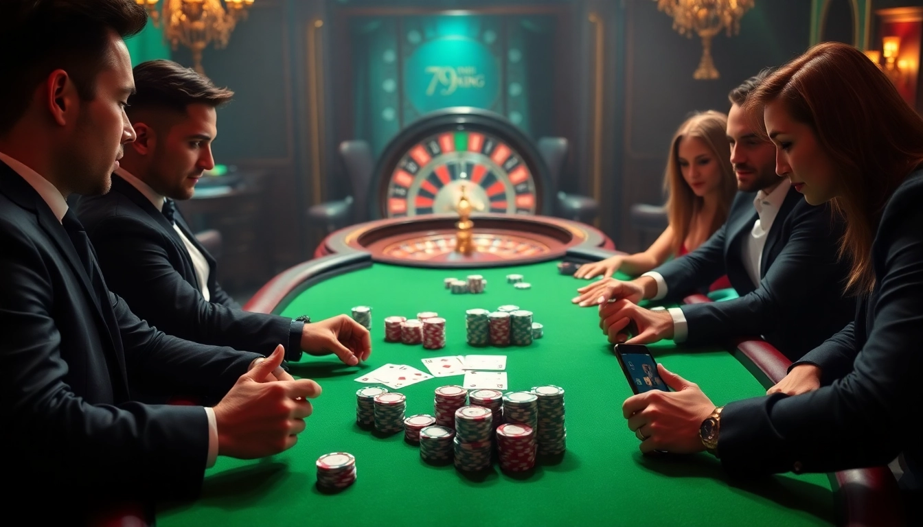 The engaging atmosphere of the 79king app with players enjoying a poker game surrounded by colorful chips and cards.