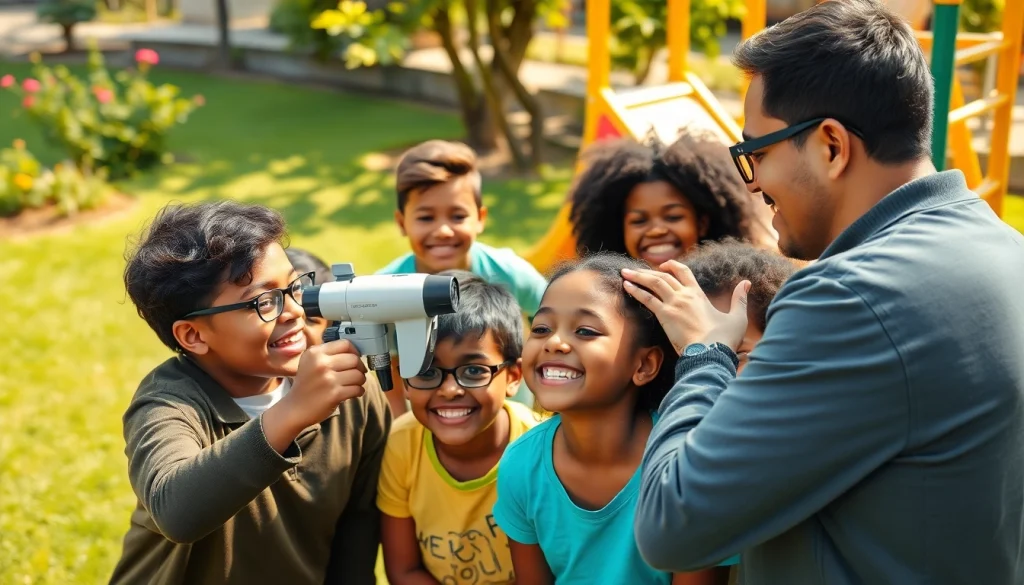 Promoting Our Children's Vision through an engaging outdoor eye screening event with joyful children.