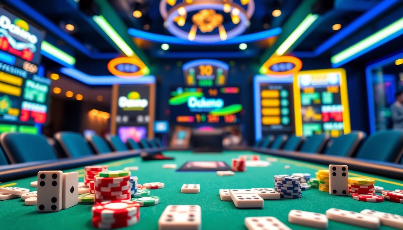 Menggambarkan Daftar Domino88 game dengan suasana permainan domino yang seru dan aktivitas yang menarik.