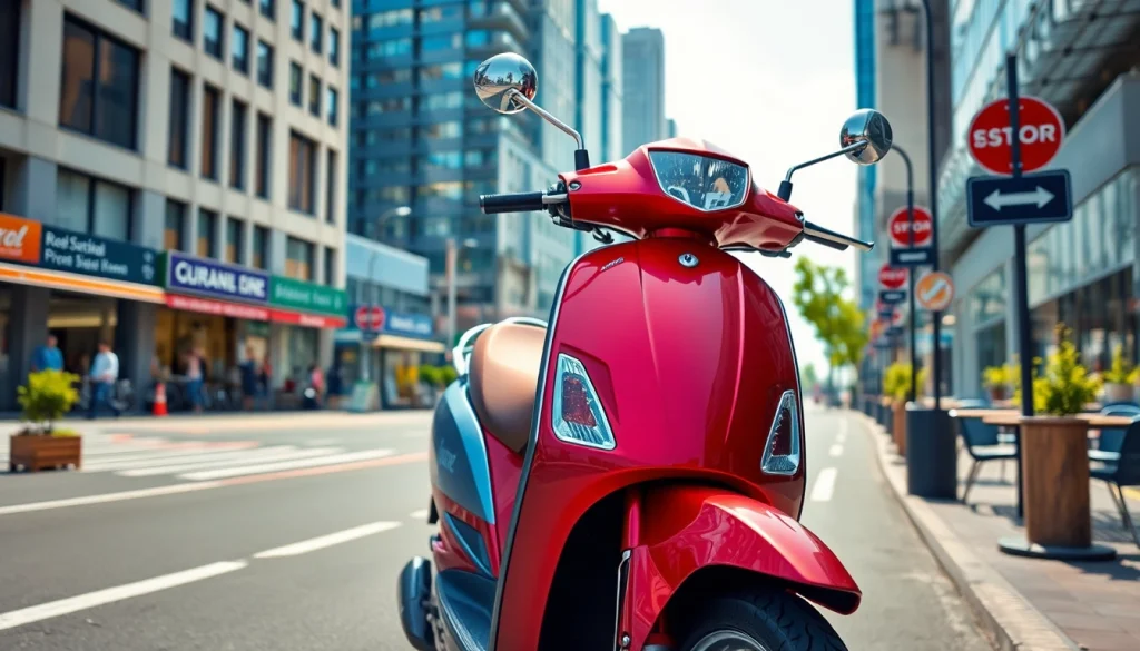 Roller 50ccm kaufen – stylischer 50ccm Roller im urbanen Umfeld mit leuchtenden Farben.