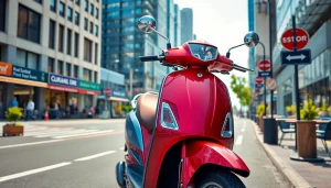 Roller 50ccm kaufen – stylischer 50ccm Roller im urbanen Umfeld mit leuchtenden Farben.