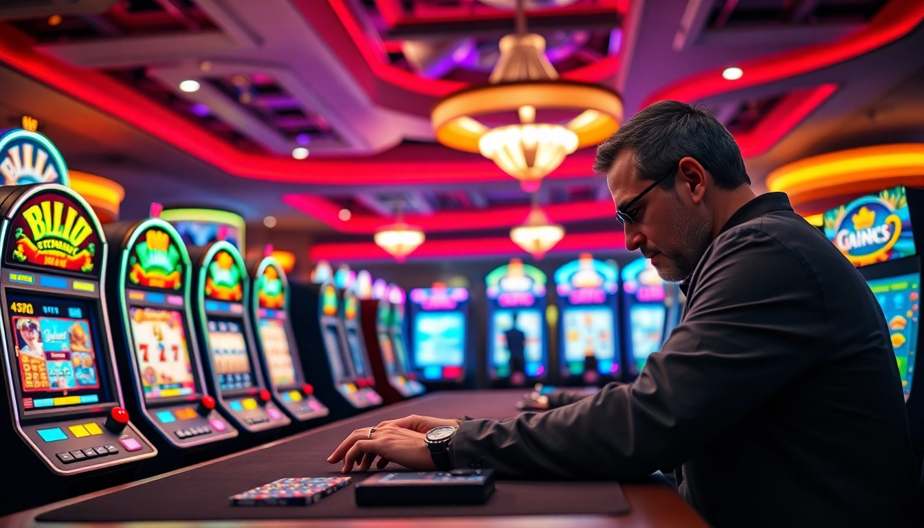 Menangkan slot gacor dengan mesin slot yang berwarna-warni dan penerangan dramatis.