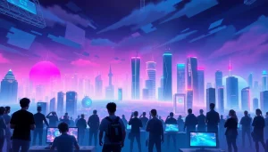 Engaged gamers in a futuristic landscape inspired by https://www.trilgameshproject.com, showcasing vibrant city lights.