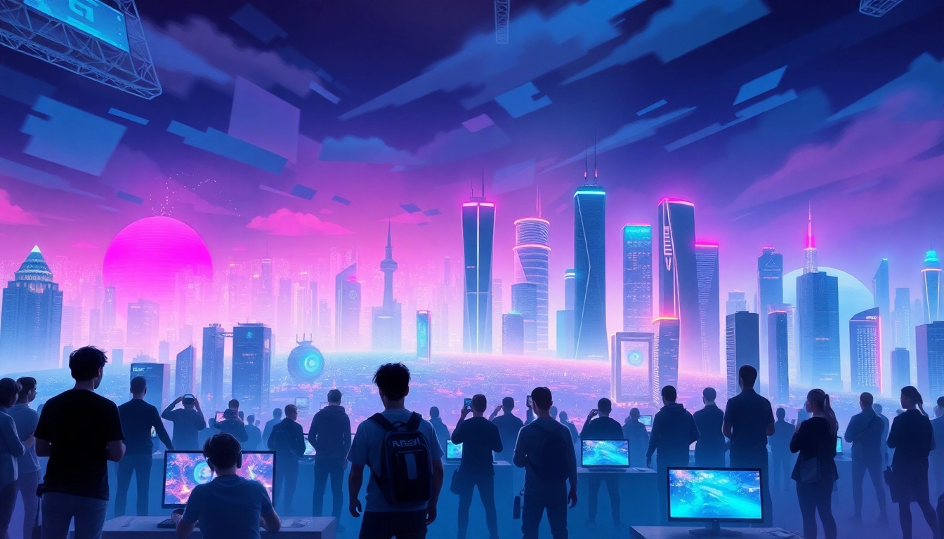 Engaged gamers in a futuristic landscape inspired by https://www.trilgameshproject.com, showcasing vibrant city lights.