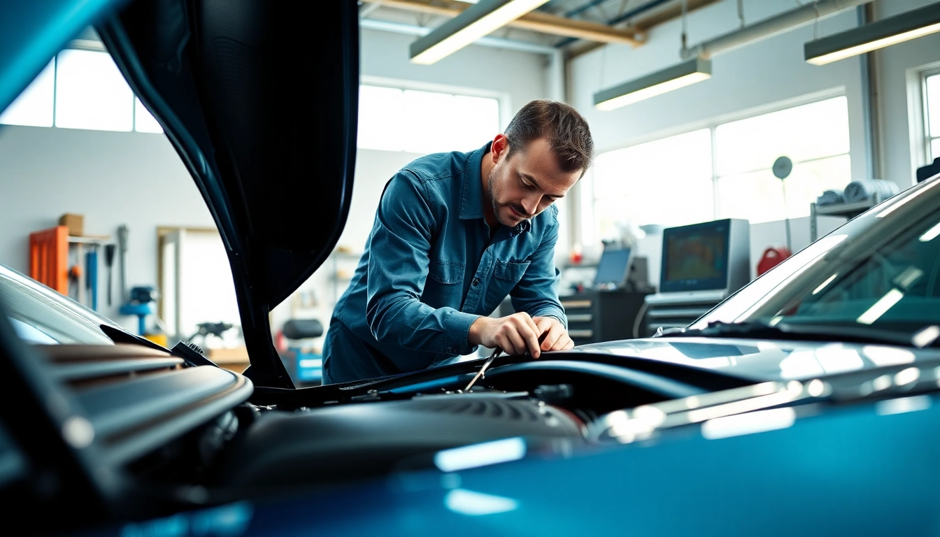 Techniker bei der Arbeit an Fahrzeug in Auto Technik Westhafen Werkstatt.