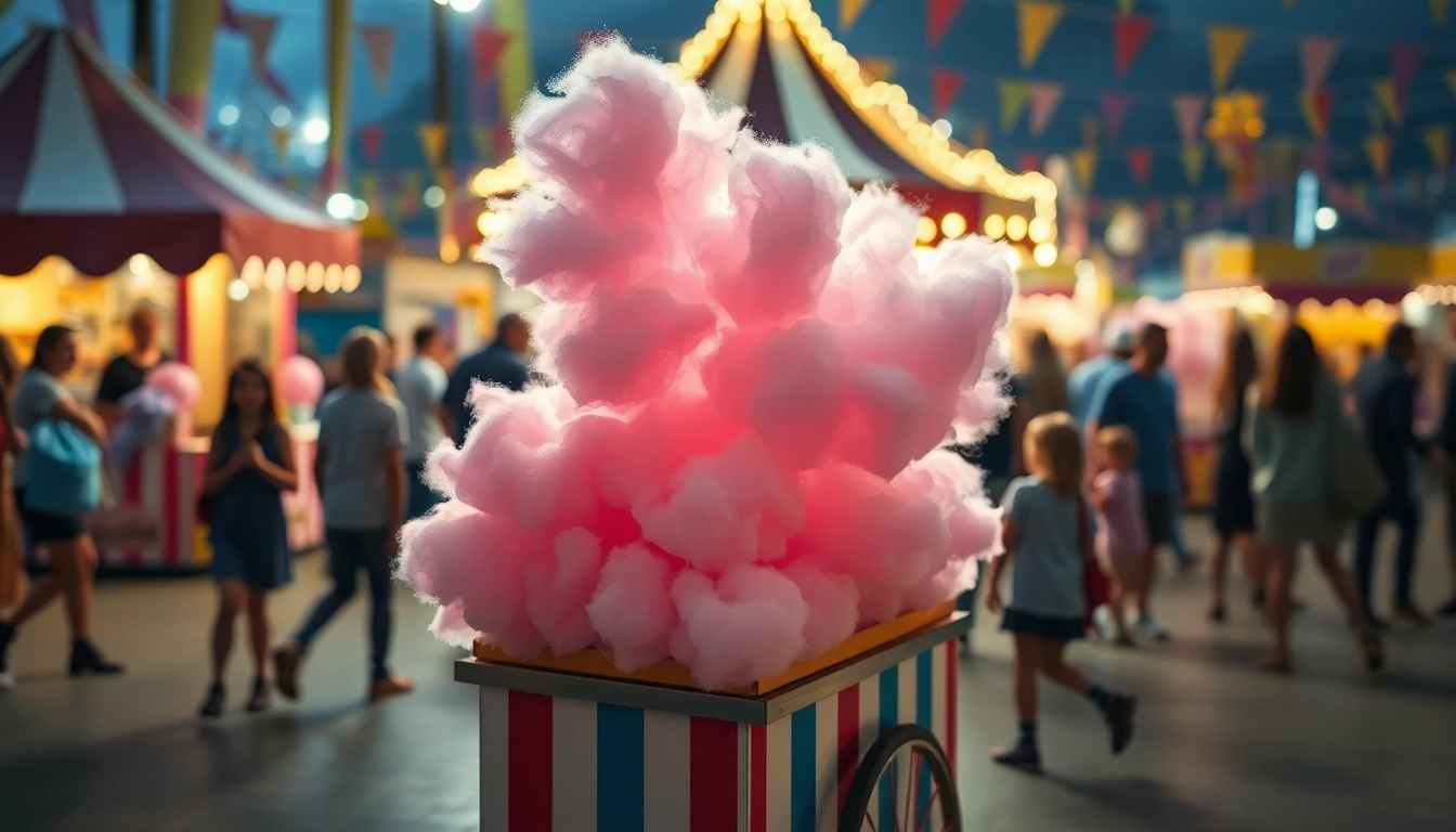 Proef heerlijke wafel katoen bij een vrolijke kermiskraam vol lekkernijen.