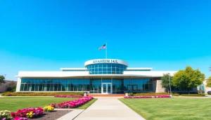 Anaheim Jail police station showcasing modern architecture and inviting landscaping features, illustrating a community-friendly venue.