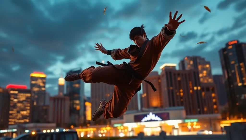 Captivating action shot of a Martial Arts Thriller featuring a heroic fighter in mid-air.