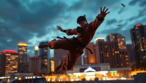 Captivating action shot of a Martial Arts Thriller featuring a heroic fighter in mid-air.