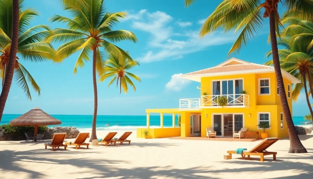 Relaxed coastal cabana with palm trees and beachfront, inviting beach day atmosphere