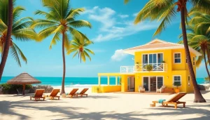 Relaxed coastal cabana with palm trees and beachfront, inviting beach day atmosphere