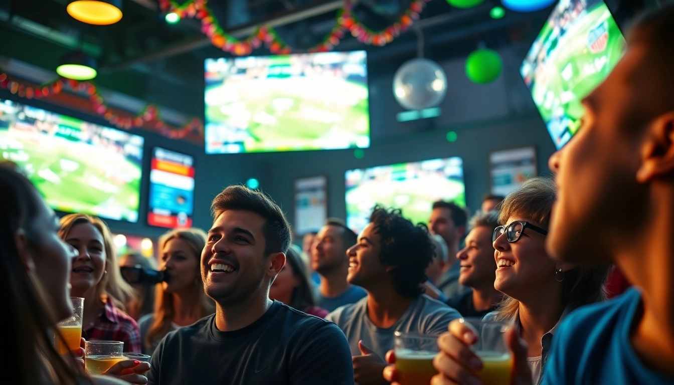 스포츠중계를 즐기는 다양한 팬들이 흥미롭게 게임을 시청하는 장면입니다.