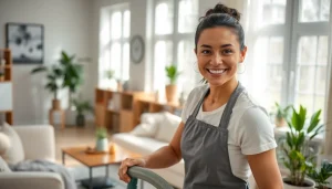 Professional cleaning service showcased by a dedicated cleaner in a bright living room.