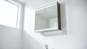 Den eleganten sonni Spiegelschrank im Badezimmer mit stilvoller Beleuchtung präsentieren.