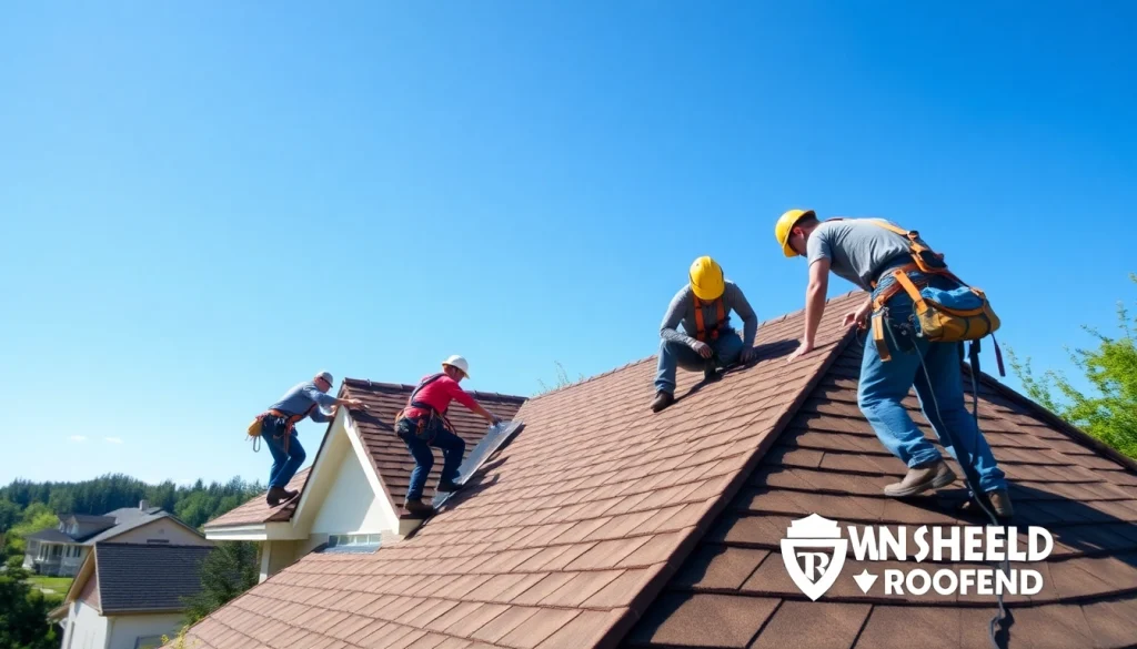 Skilled workers from Twin Shield Roofing expertly installing shingles at a residential property.