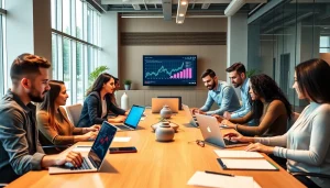 SEO company professionals collaborating in a bright office, showcasing teamwork and innovation.