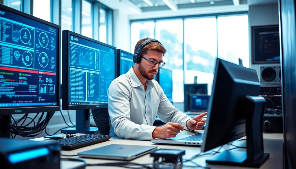 Technician providing computer support by fixing a laptop on a modern office desk.
