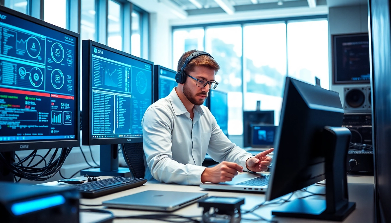 Technician providing computer support by fixing a laptop on a modern office desk.