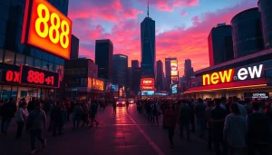 Capture the vibrant nightlife of a city showcasing 888 new with illuminated skyscrapers and a bustling street.