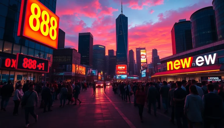 Capture the vibrant nightlife of a city showcasing 888 new with illuminated skyscrapers and a bustling street.